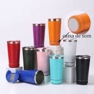 420ML Copo Stanley térmico inox com tampa abridor e caixa de som com bluetooth Led