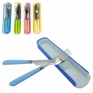 CONJUNTO DE TALHER COM GARFO + FACA DE INOX CABO PLASTICO COLORS 2 PECAS NO ESTOJO