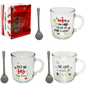 CANECA DE VIDRO FRASES + COLHER NA CAIXA