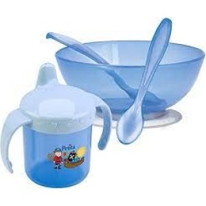 KIT PAPINHA TIGELA C/ VENTOSA 2 COLHERES E COPO ALIMENTAÇAO AZUL